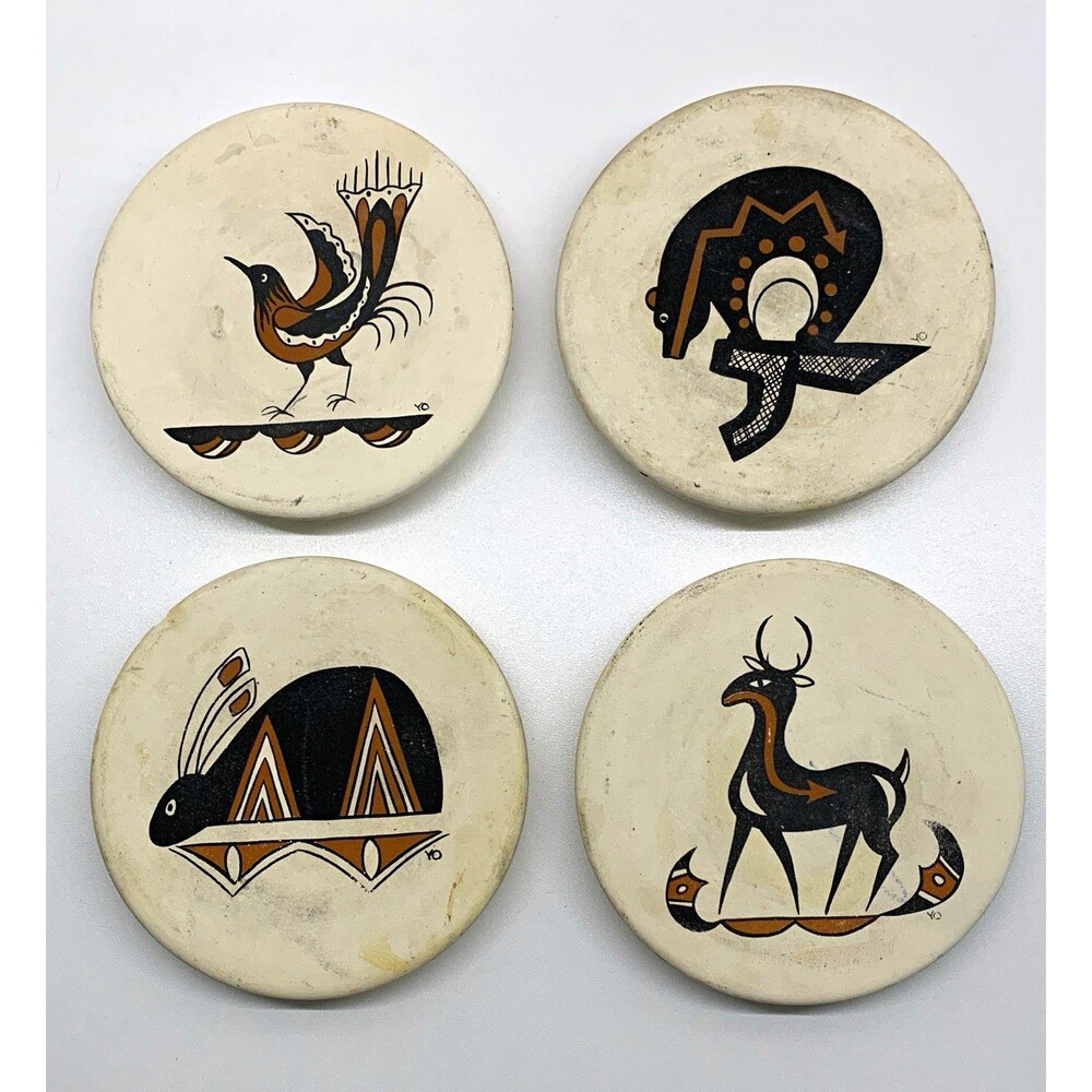 Vintage Southwest Native Folk Art Coasters Set 4 Animal Deer Bear Bird Rabbit